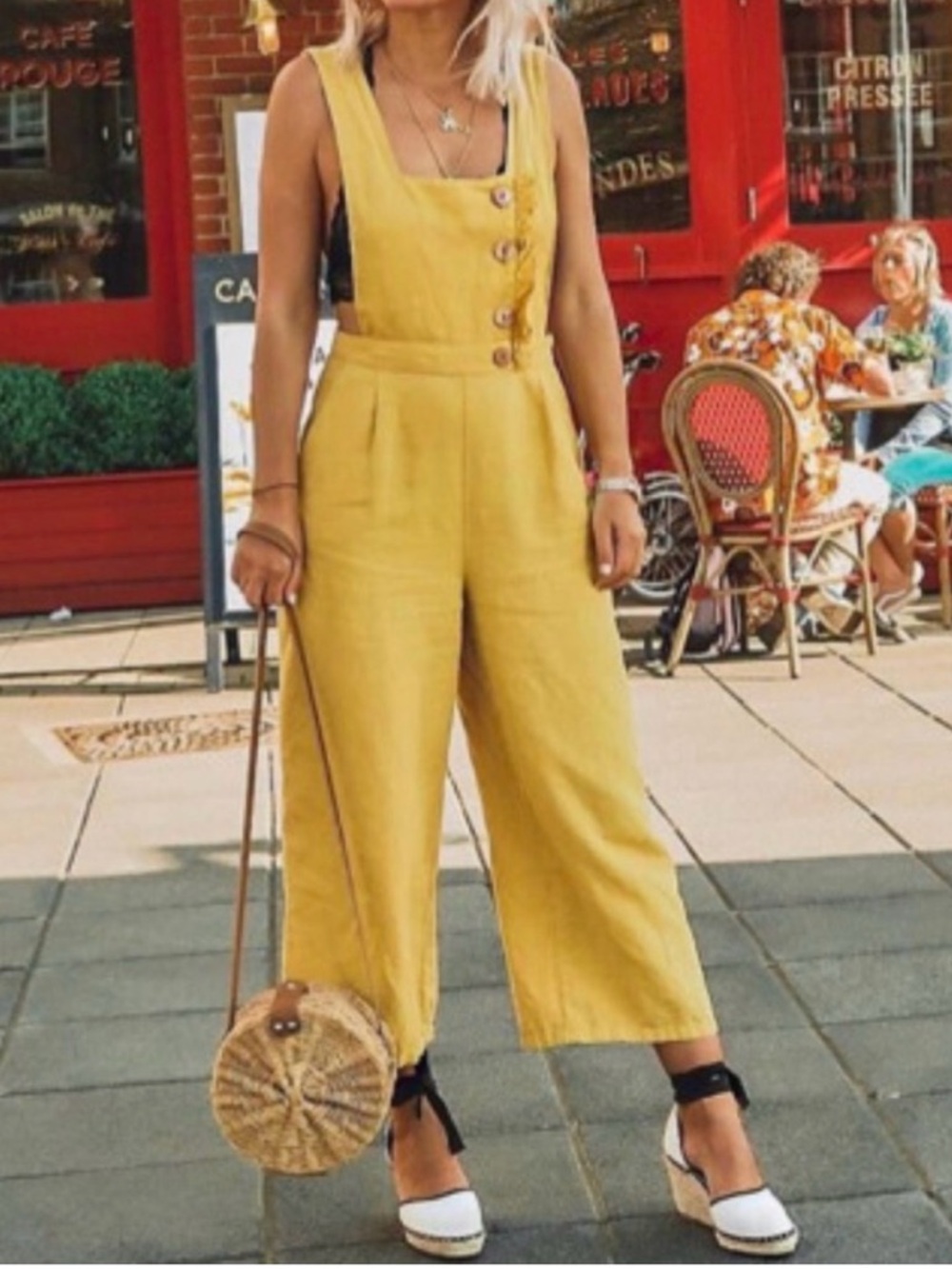 Zara Yellow Button-Front Sleeveless Linen-Blend Jumpsuit